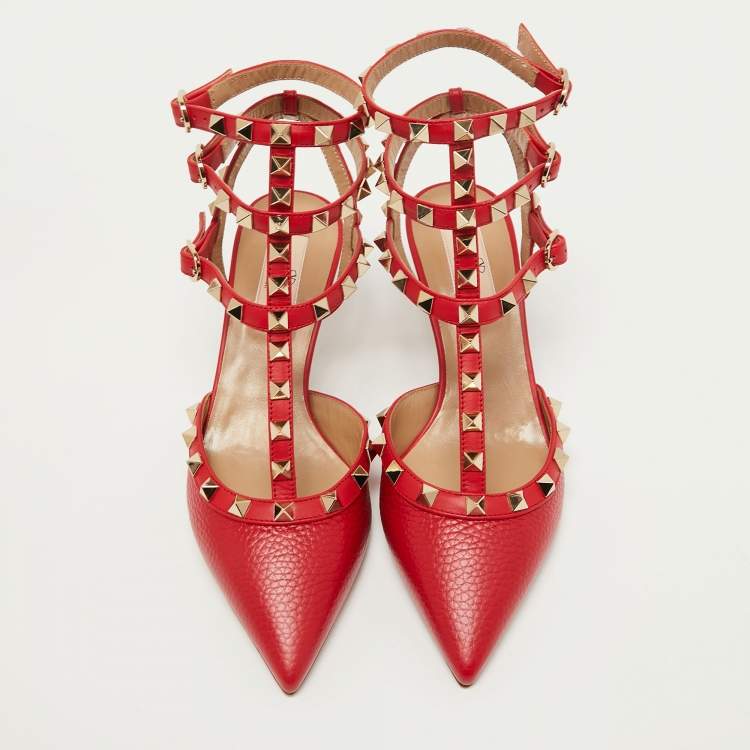 Pre Owned Valentino Red Leather Rockstud Ankle Strap Pumps Size 36