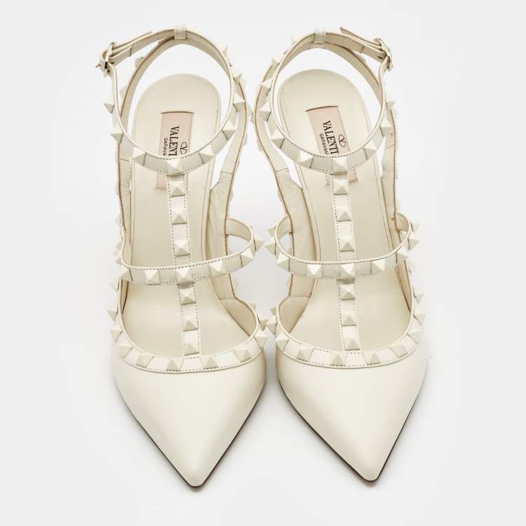 Pre Owned Valentino Cream Leather Rockstud Pumps Size 40.5