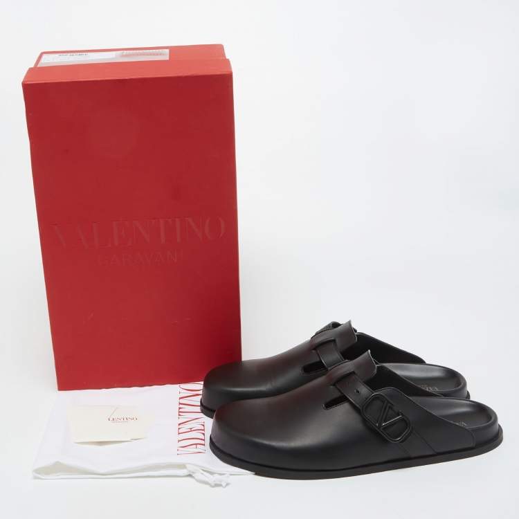 Pre Owned Valentino Black Leather VLogo Sabot Mules Size 42 
