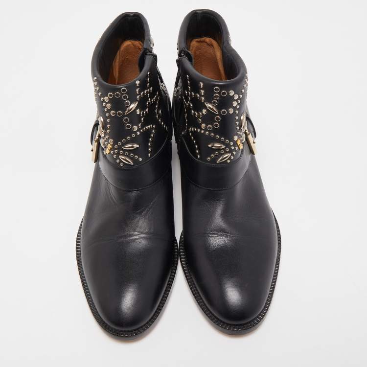 Pre Owned Valentino Black Leather Embellished Cowboy Ankle Boots Size 37.5