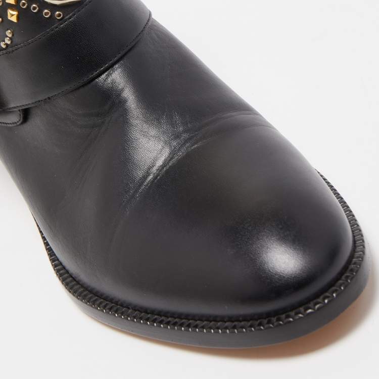 Pre Owned Valentino Black Leather Embellished Cowboy Ankle Boots Size 37.5