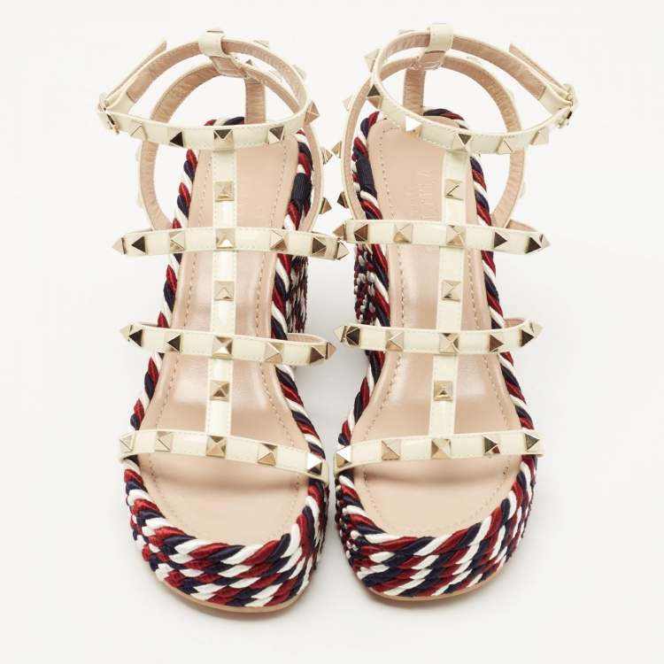 Pre Owned Valentino Cream Patent Leather Rockstud Wedge Sandals Size 36