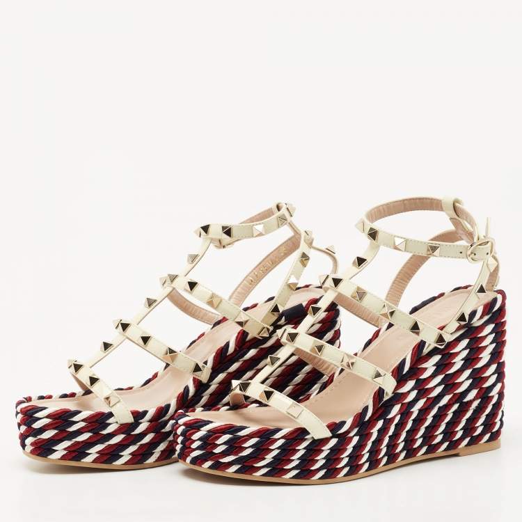 Pre Owned Valentino Cream Patent Leather Rockstud Wedge Sandals Size 36