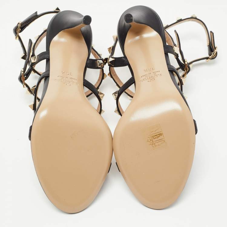 Pre Owned Valentino Black Leather Rockstud  Cage Sandals Size 36.5