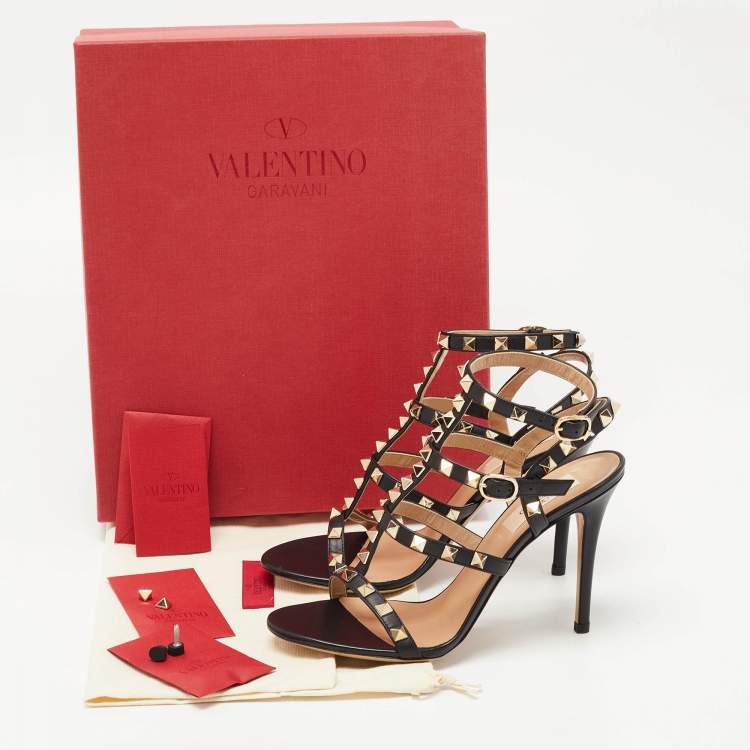 Pre Owned Valentino Black Leather Rockstud  Cage Sandals Size 36.5