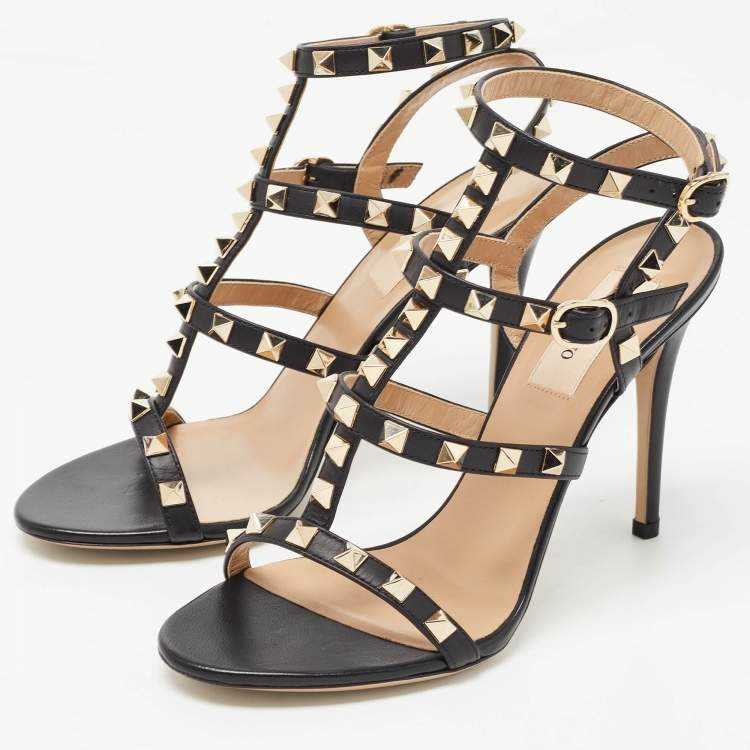 Pre Owned Valentino Black Leather Rockstud  Cage Sandals Size 36.5