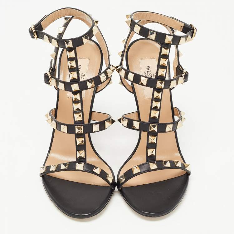 Pre Owned Valentino Black Leather Rockstud  Cage Sandals Size 36.5