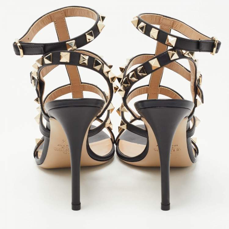 Pre Owned Valentino Black Leather Rockstud  Cage Sandals Size 36.5