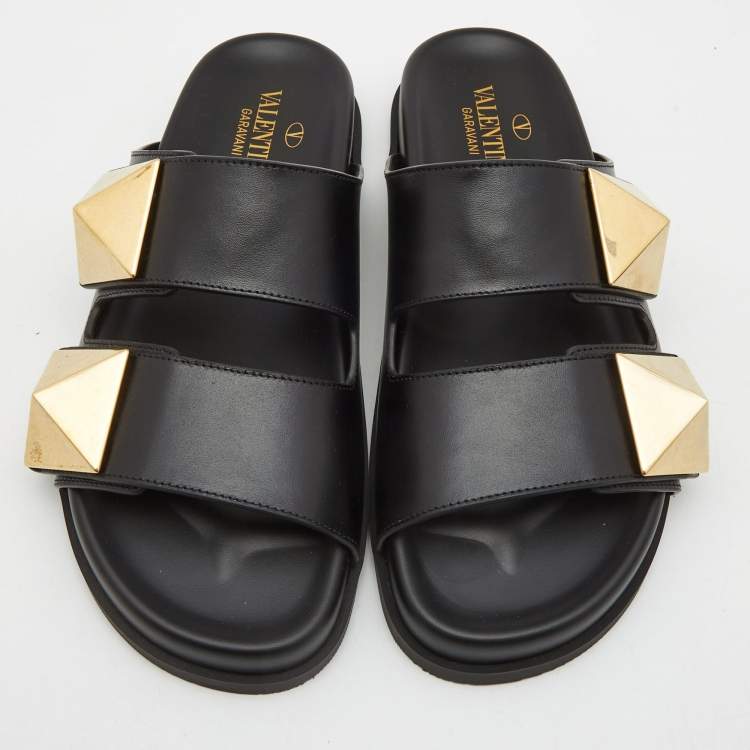 Pre Owned Valentino Black Leather Roman Stud Flat Slides Size 38