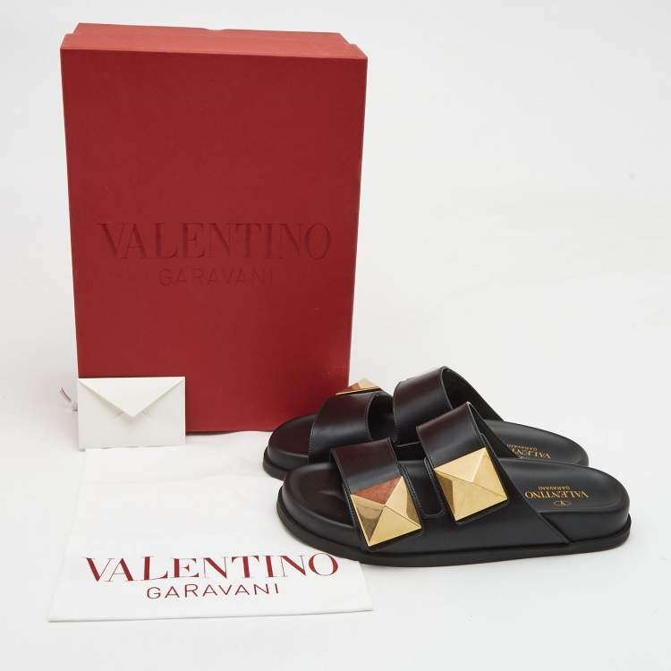 Pre Owned Valentino Black Leather Roman Stud Flat Slides Size 38