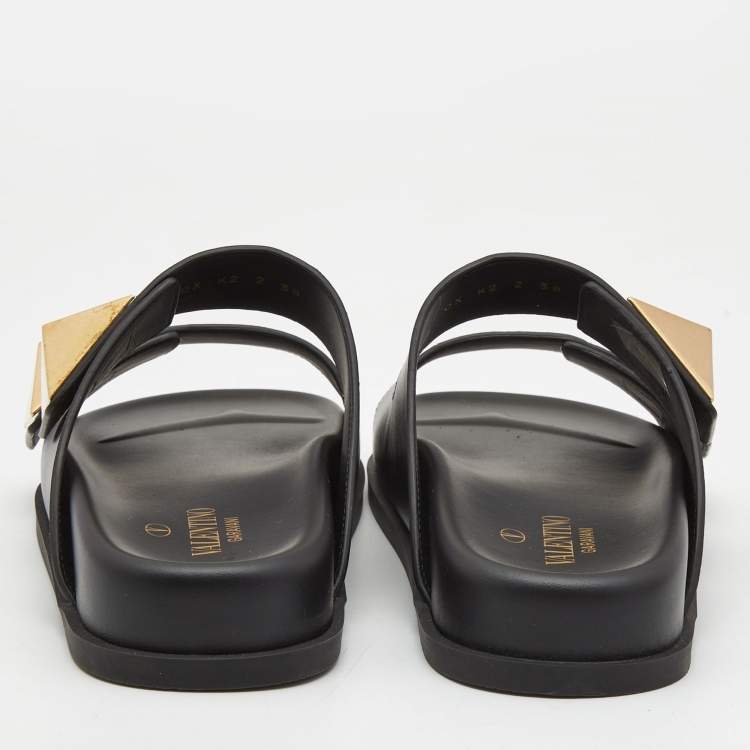 Pre Owned Valentino Black Leather Roman Stud Flat Slides Size 38