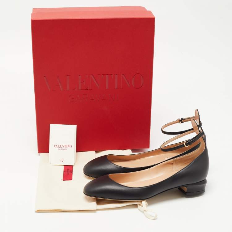 Pre Owned Valentino Black Leather Ankle Strap Ballet Flats Size 38