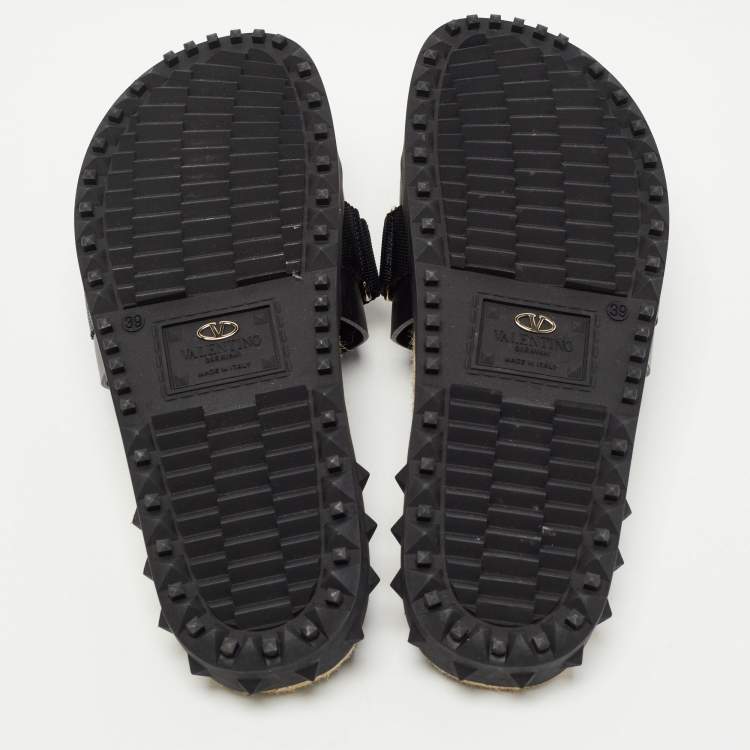 Pre Owned Valentino Black Leather Rockstud Espadrilles Flats  Size 39 