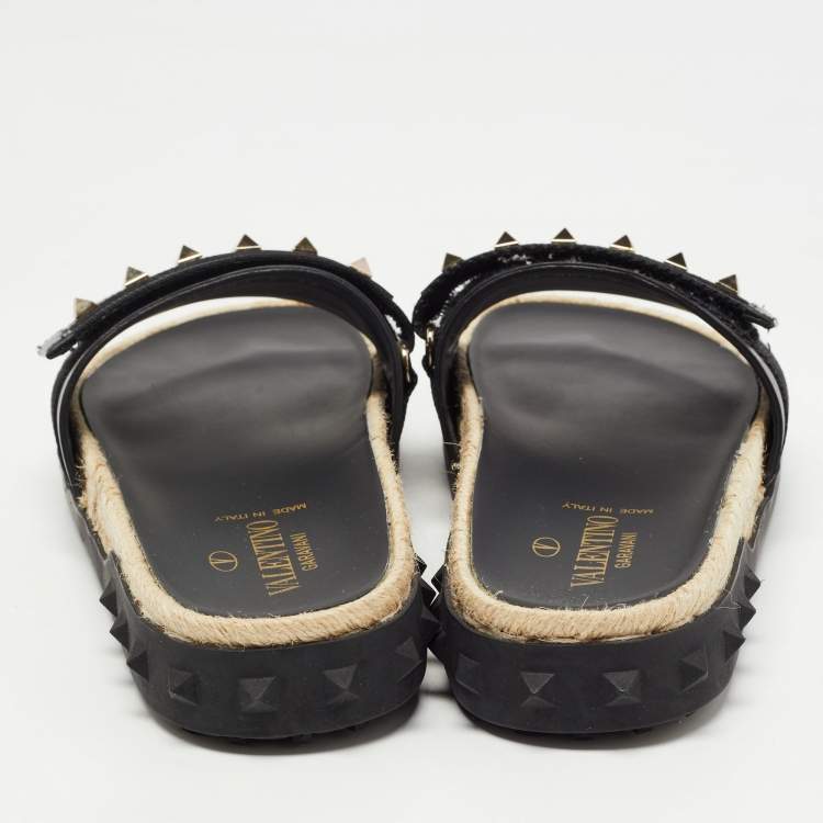 Pre Owned Valentino Black Leather Rockstud Espadrilles Flats  Size 39 