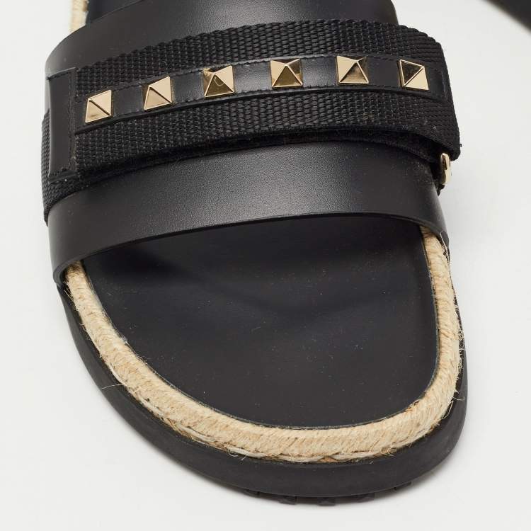 Pre Owned Valentino Black Leather Rockstud Espadrilles Flats  Size 39 