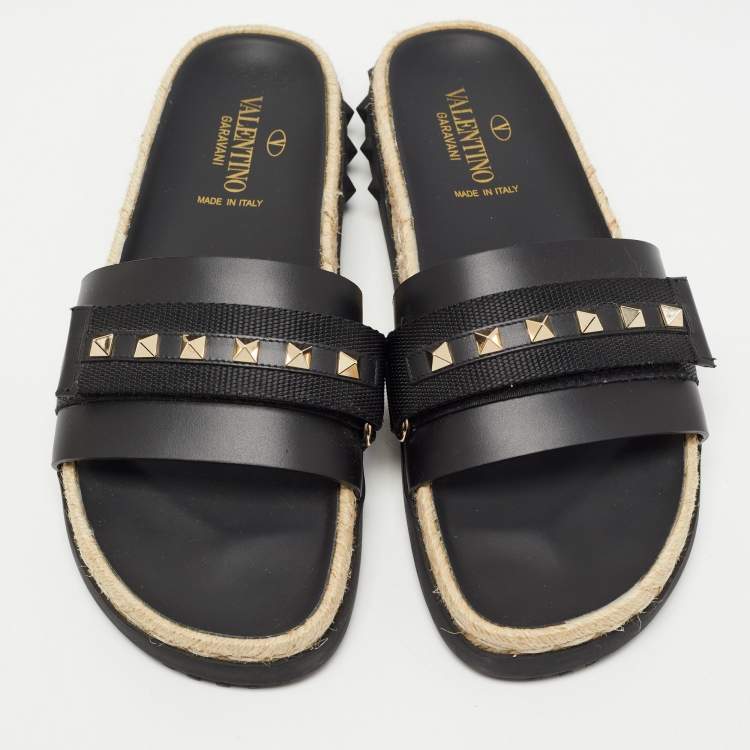 Pre Owned Valentino Black Leather Rockstud Espadrilles Flats  Size 39 
