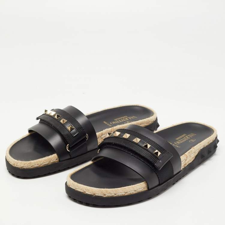 Pre Owned Valentino Black Leather Rockstud Espadrilles Flats  Size 39 