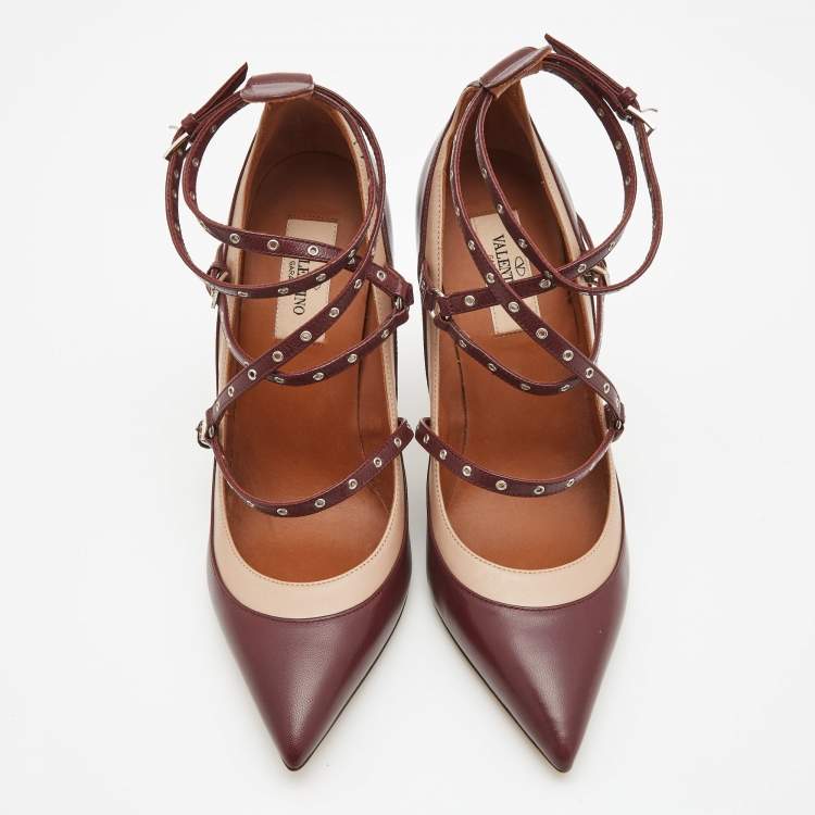 Pre Owned Valentino Burgundy Leather Love Latch Pumps Size 37.5