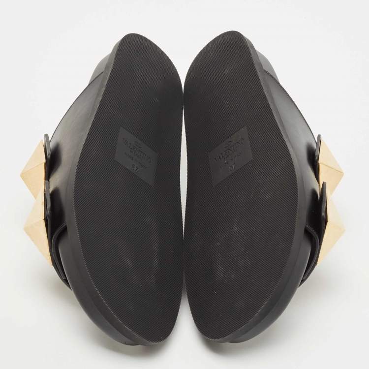 Pre Owned Valentino Black Leather Stud  Slide Flats Size 37