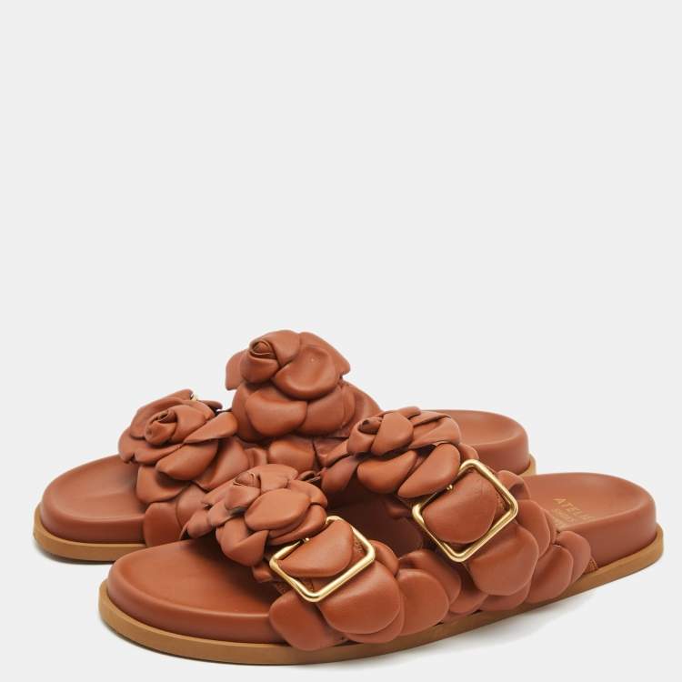 Pre Owned Valentino Brown Leather Atelier Rose Edition Flat Slides Size 40