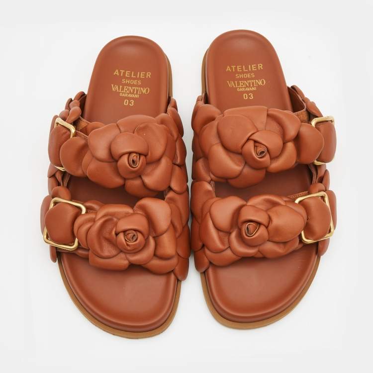 Pre Owned Valentino Brown Leather Atelier Rose Edition Flat Slides Size 40