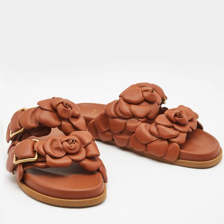Pre Owned Valentino Brown Leather Atelier Rose Edition Flat Slides Size 40