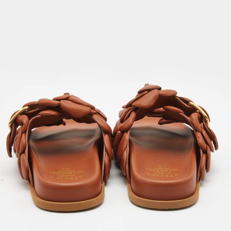 Pre Owned Valentino Brown Leather Atelier Rose Edition Flat Slides Size 40