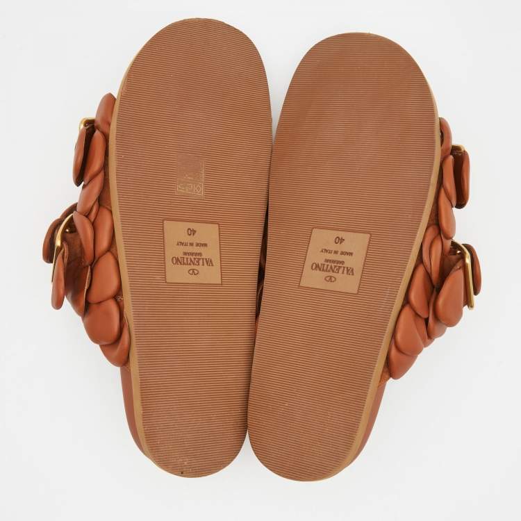 Pre Owned Valentino Brown Leather Atelier Rose Edition Flat Slides Size 40