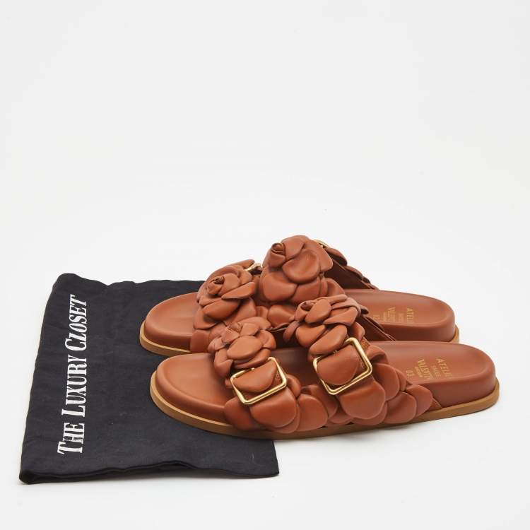 Pre Owned Valentino Brown Leather Atelier Rose Edition Flat Slides Size 40