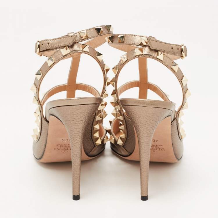 Pre Owned Valentino Metallic Leather Rockstud Strappy Pointed Toe Pumps Size 40.5 