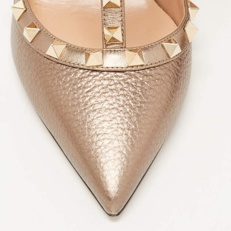 Pre Owned Valentino Metallic Leather Rockstud Strappy Pointed Toe Pumps Size 40.5 