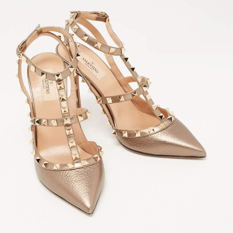 Pre Owned Valentino Metallic Leather Rockstud Strappy Pointed Toe Pumps Size 40.5 