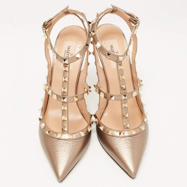 Pre Owned Valentino Metallic Leather Rockstud Strappy Pointed Toe Pumps Size 40.5 