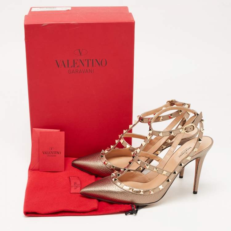 Pre Owned Valentino Metallic Leather Rockstud Strappy Pointed Toe Pumps Size 40.5 