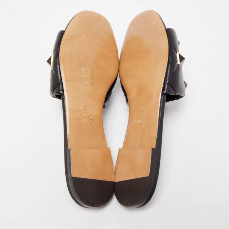 Pre Owned Valentino Black Leather Roman Stud Flat Slides Size 39
