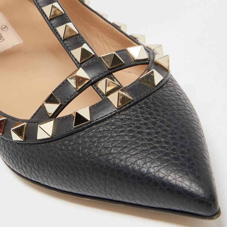 مملوكة مسبقًا Valentino Black Leather Rockstud Flat Ankle Strap Sandals Size 37