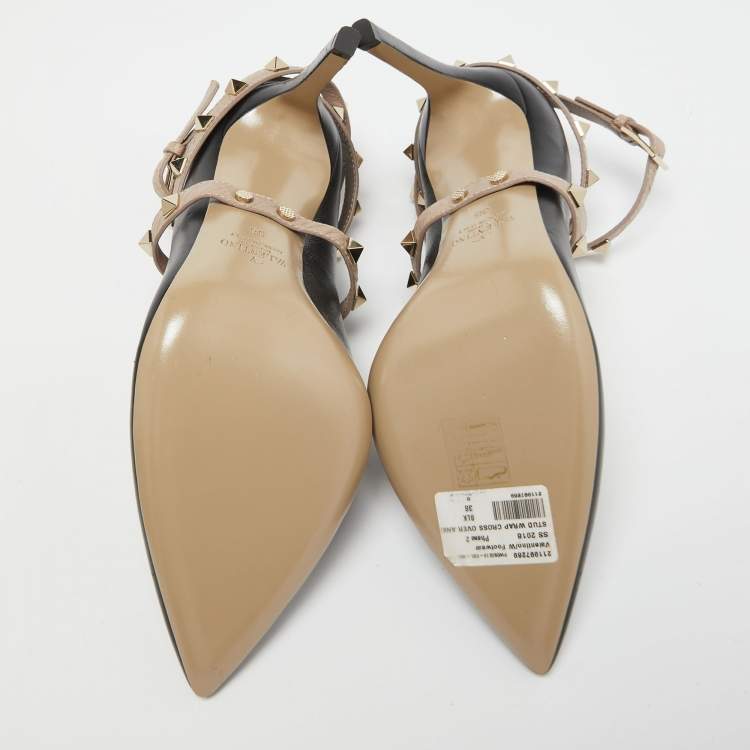 Pre Owned Valentino Black Leather Rockstud Ankle Wrap Pumps Size 38