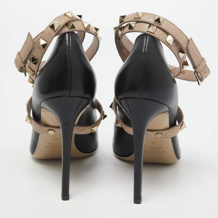 Pre Owned Valentino Black Leather Rockstud Ankle Wrap Pumps Size 38