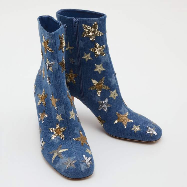 Pre Owned Valentino Blue Denim Sequin and Embroidered Stars Ankle Boots Size 39.5