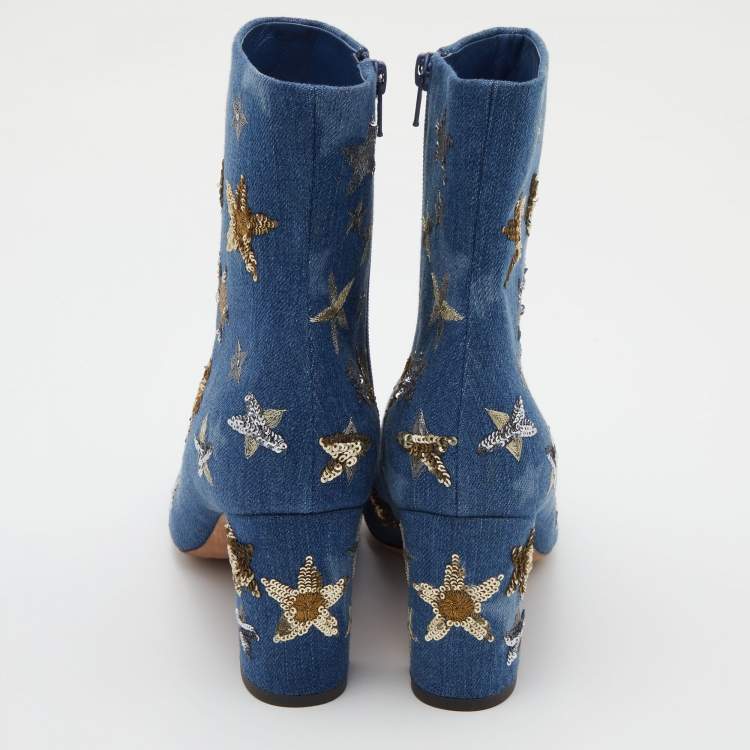 Pre Owned Valentino Blue Denim Sequin and Embroidered Stars Ankle Boots Size 39.5