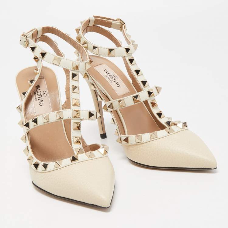 Pre Owned Valentino Cream Leather Rockstud Ankle Strap Pumps Size 36.5