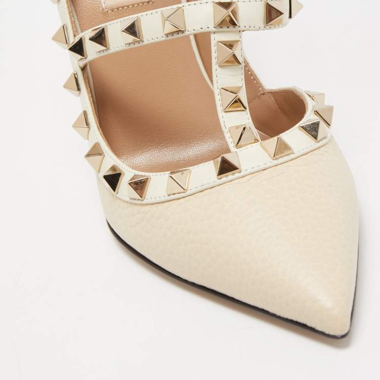 Pre Owned Valentino Cream Leather Rockstud Ankle Strap Pumps Size 36.5