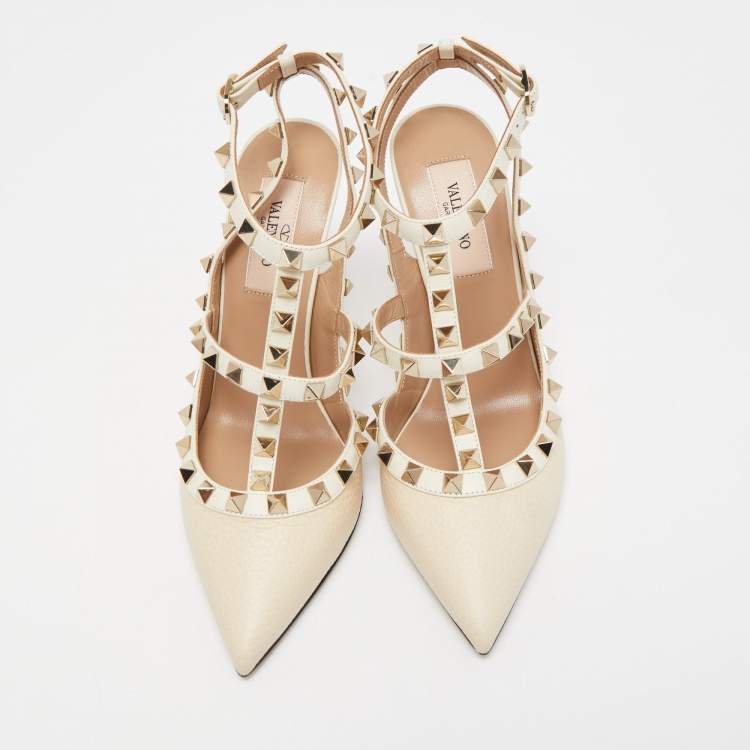 Pre Owned Valentino Cream Leather Rockstud Ankle Strap Pumps Size 36.5