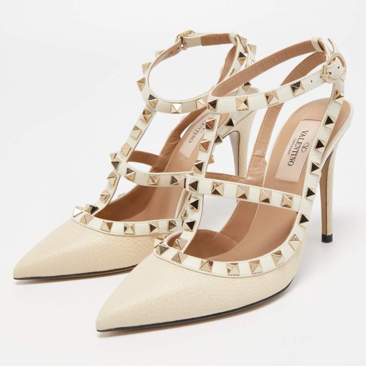 Pre Owned Valentino Cream Leather Rockstud Ankle Strap Pumps Size 36.5