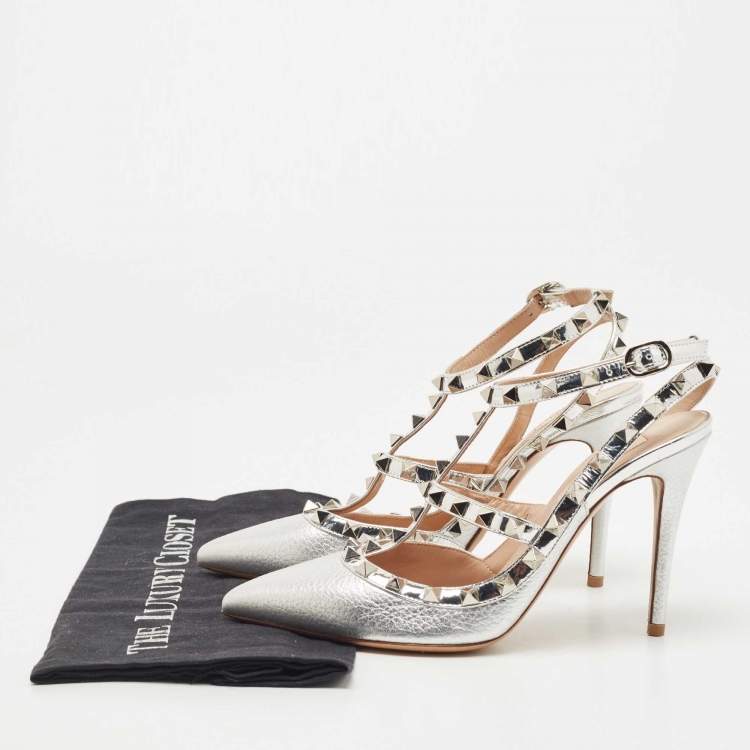 Pre Owned Valentino Silver Leather Rockstud Ankle Strap Pumps Size 36.5