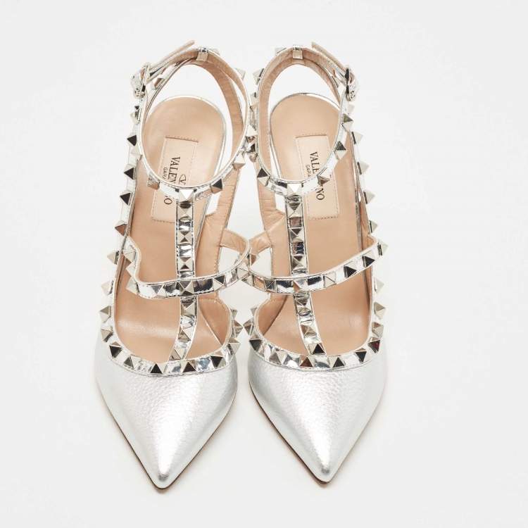 Pre Owned Valentino Silver Leather Rockstud Ankle Strap Pumps Size 36.5