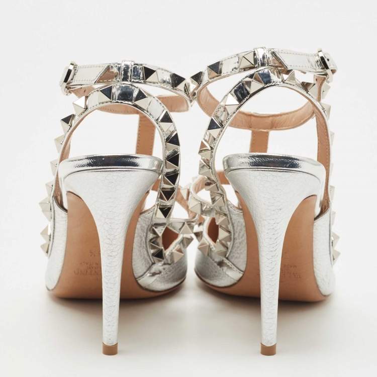 Pre Owned Valentino Silver Leather Rockstud Ankle Strap Pumps Size 36.5
