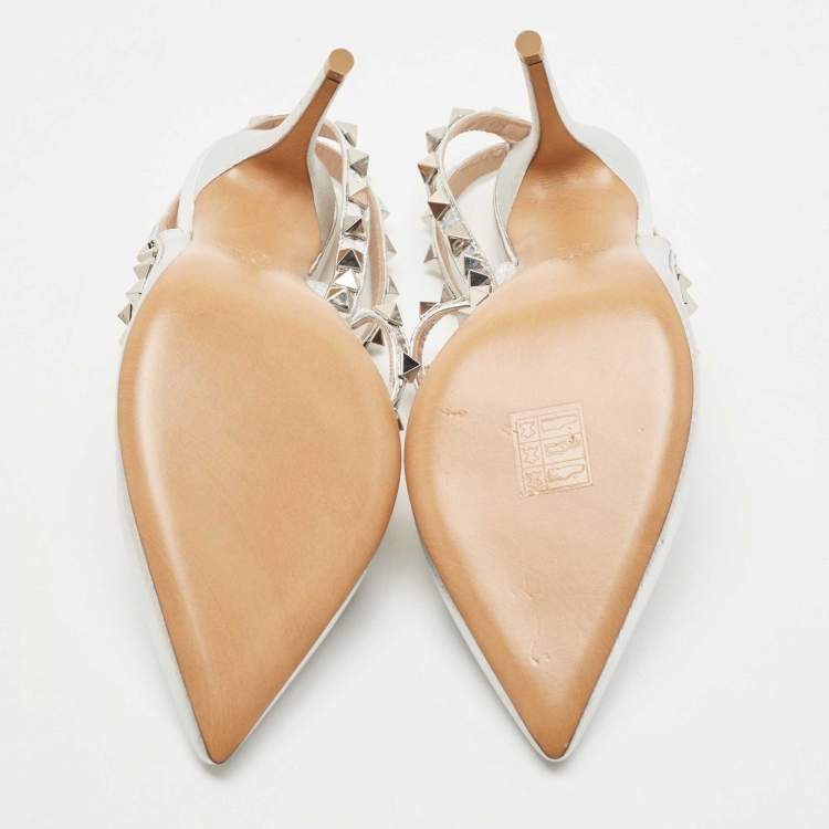 Pre Owned Valentino Silver Leather Rockstud Ankle Strap Pumps Size 36.5