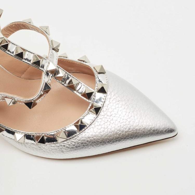 Pre Owned Valentino Silver Leather Rockstud Ankle Strap Pumps Size 36.5