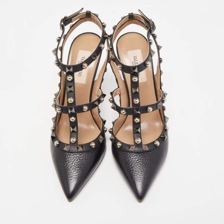 Pre Owned Valentino Black Leather Rockstud Strappy Pointed Toe Pumps Size 36.5